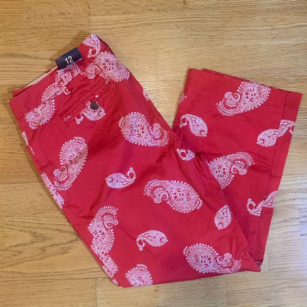 LANDS END Mid Rise/Straight Leg Pants Cherry Red Paisley Pattern Size 12